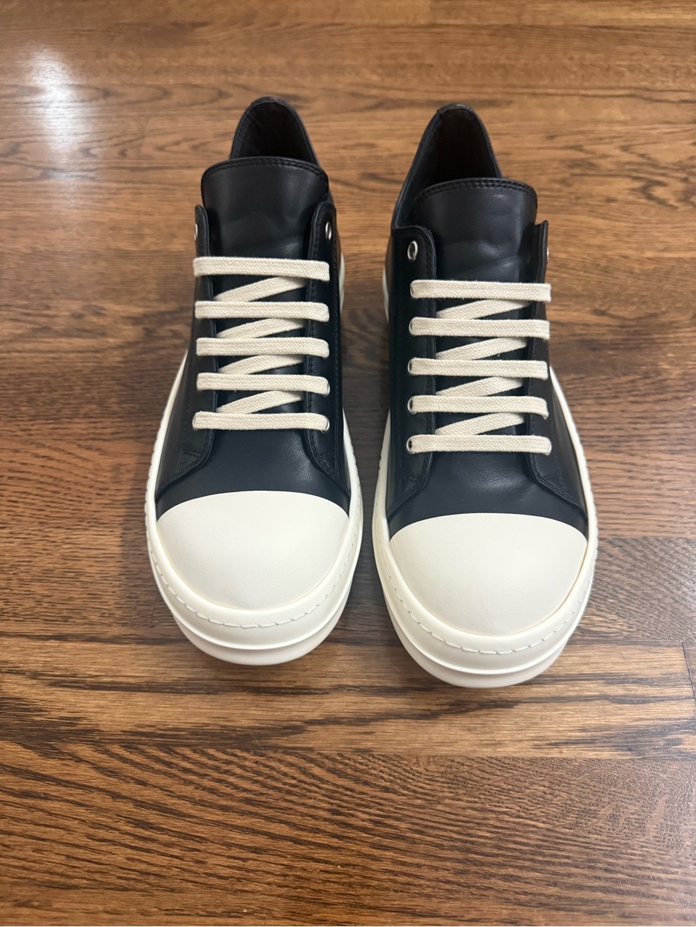 Men's Black and White Rick Owens Ramones Leather Low-Top Sneakers